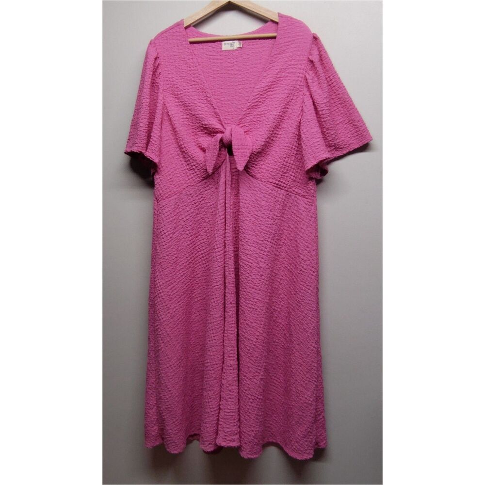 Terra & Sky Midi Dress Women 2X Pink Textured Short Sleeve Stretch Feminine